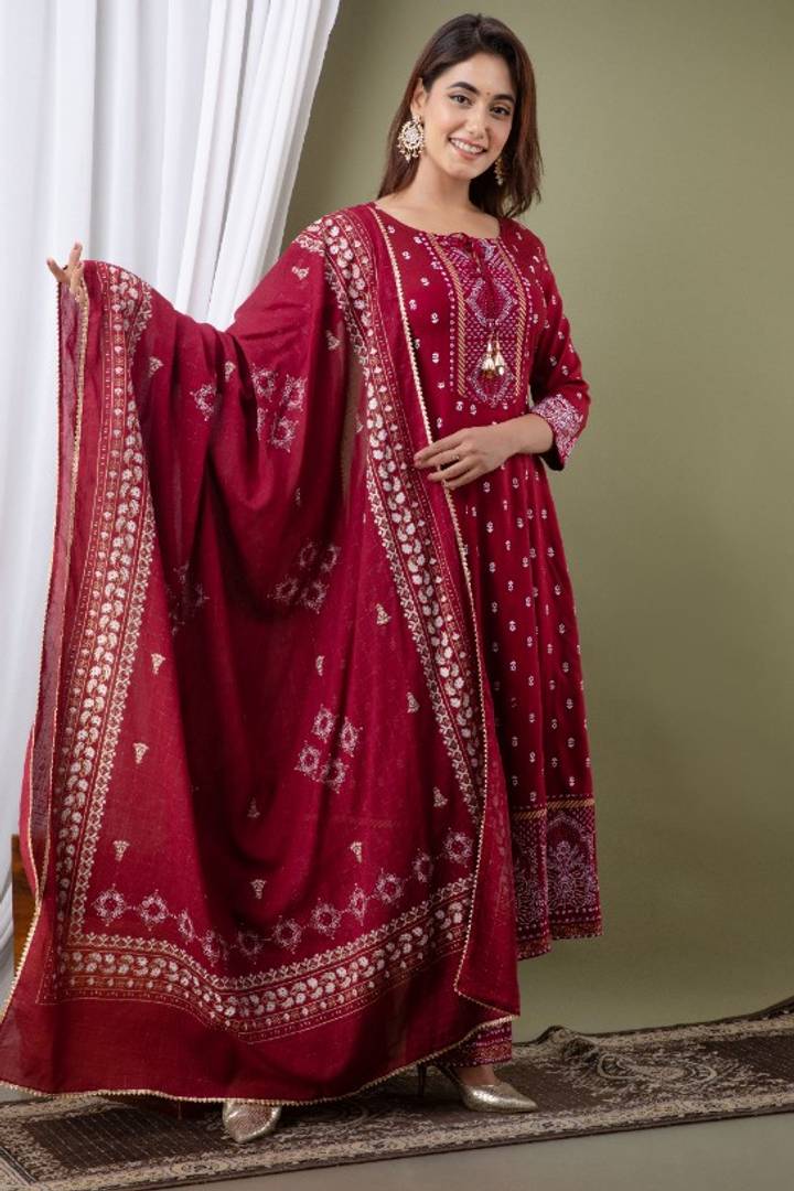 Women's Rayon Printed Anarkali Kurta, Palazzo with Dupatta Set